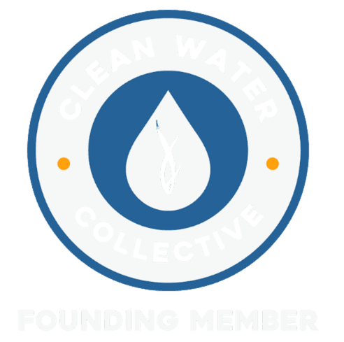 Clean Water Collective founding member badge featuring a white water droplet with a leaf design on blue background